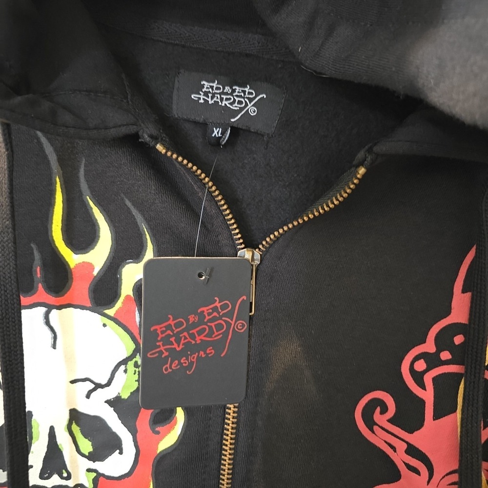 Ed Hardy "Skulls" Graphic Print Size XL Full Zip Fleece Hoodie Black NWT - Picture 7 of 13